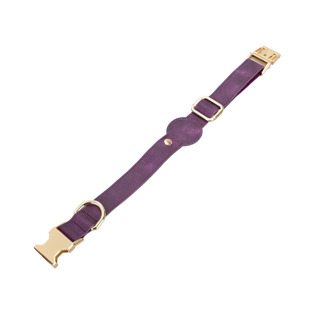 Hakiki Deri, El Yapımı, Apple Airtag Yuvalı Köpek Tasması, 34-50cm Ayarlanabilir Ölçü, Antik Mor