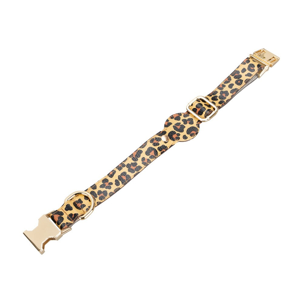 Hakiki Deri, El Yapımı, Apple Airtag Yuvalı Köpek Tasması, 34-50cm Ayarlanabilir Ölçü, Leopar Baskılı
