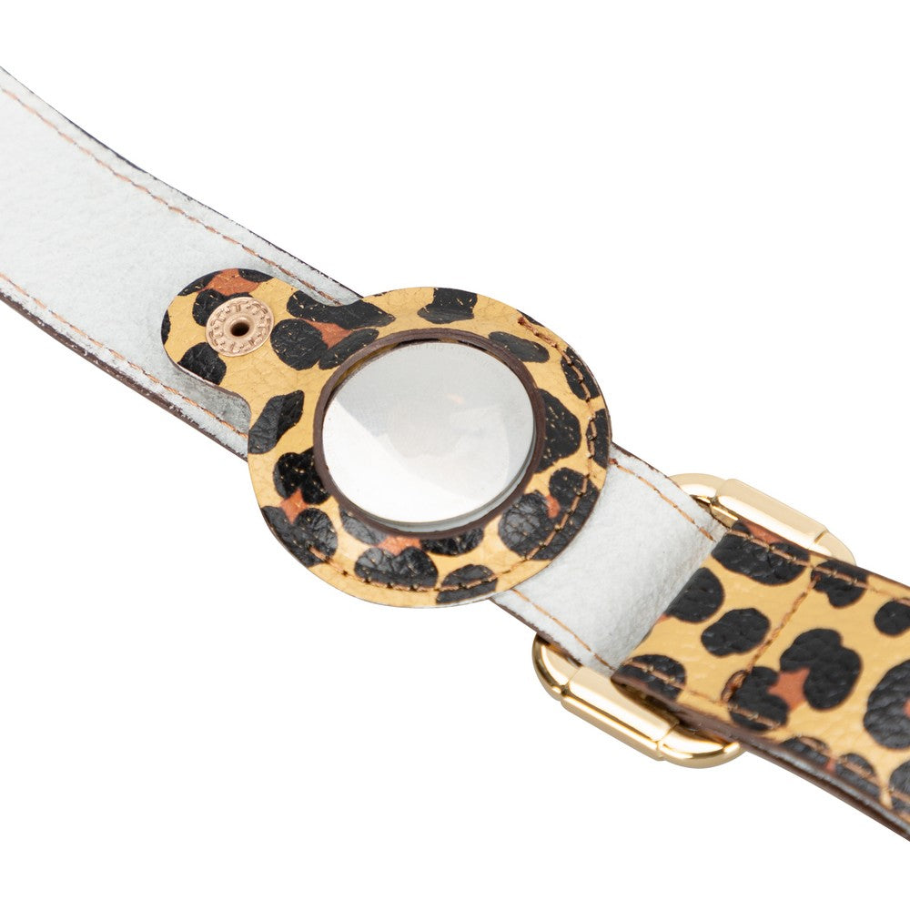 Hakiki Deri, El Yapımı, Apple Airtag Yuvalı Köpek Tasması, 34-50cm Ayarlanabilir Ölçü, Leopar Baskılı