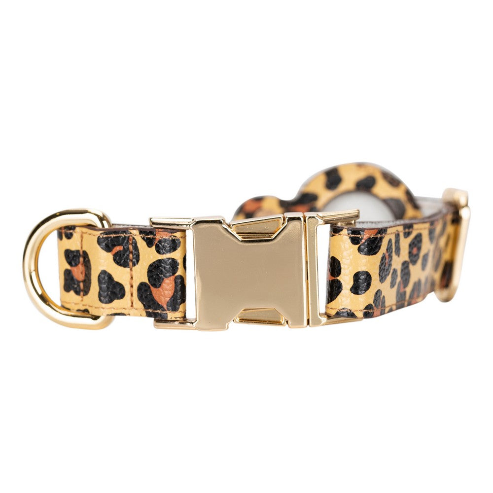 Hakiki Deri, El Yapımı, Apple Airtag Yuvalı Köpek Tasması, 34-50cm Ayarlanabilir Ölçü, Leopar Baskılı
