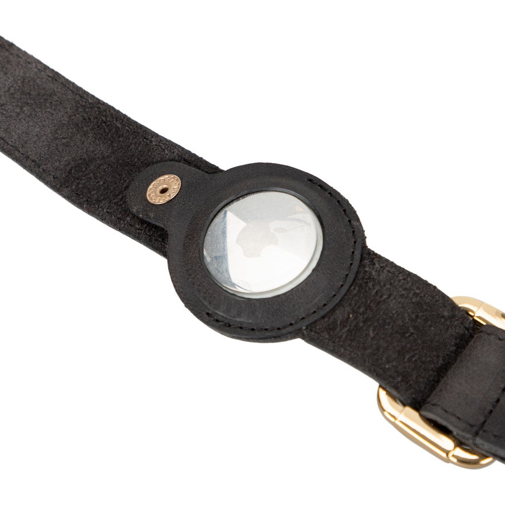 Hakiki Deri, El Yapımı, Apple Airtag Yuvalı Köpek Tasması, 34-50cm Ayarlanabilir Ölçü, Mat Siyah