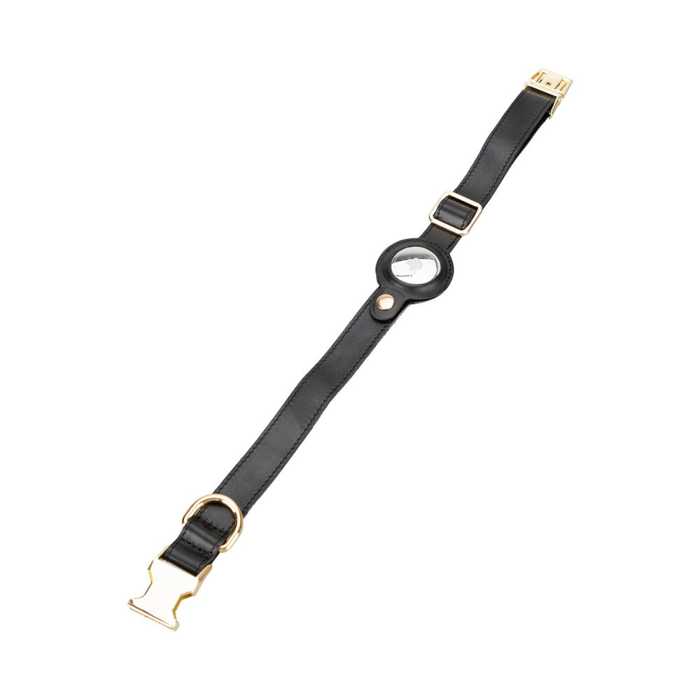 Hakiki Deri, El Yapımı, Apple Airtag Yuvalı Köpek Tasması, 34-50cm Ayarlanabilir Ölçü, Rustik Siyah