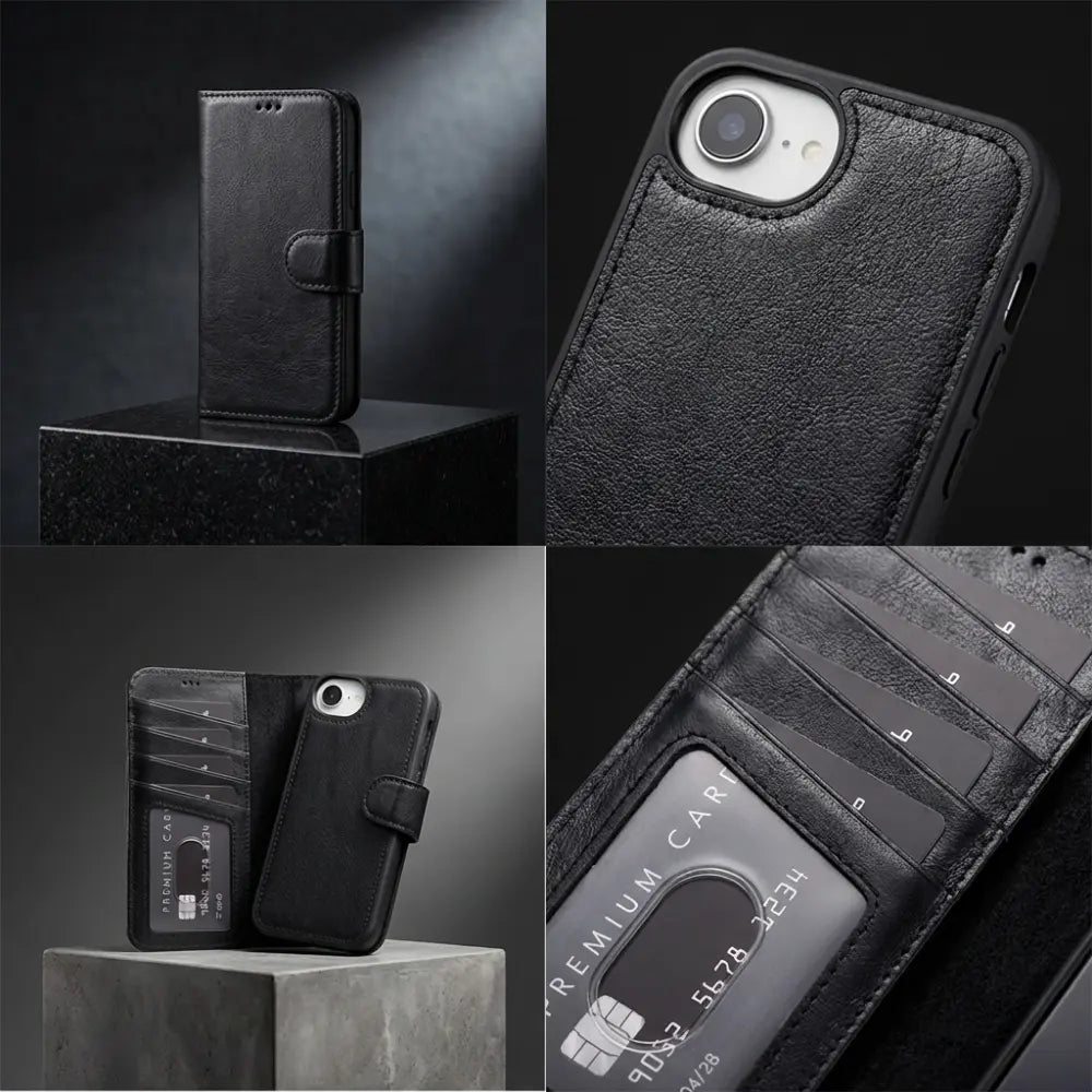 Apple iPhone 17e/16e uyumlu, Hakiki Deri, El Yapımı, Cüzdanlı Kılıf, Kömür Siyahı