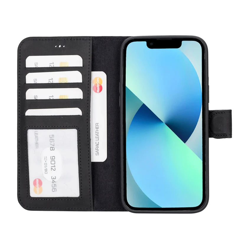 iPhone 14 Plus Uyumlu Manyetik Hakiki Deri Cüzdan Kılıf ,Cüzdan Taşımaya Son, Kredi Kart Yuvalı