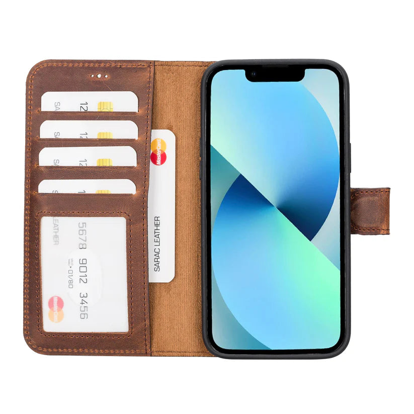 iPhone 14 Plus Uyumlu Manyetik Hakiki Deri Cüzdan Kılıf ,Cüzdan Taşımaya Son, Kredi Kart Yuvalı