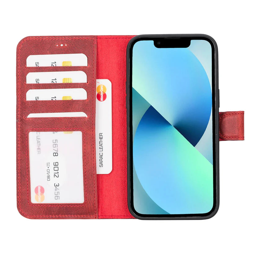 iPhone 14 Pro Max Uyumlu Manyetik Hakiki Deri Cüzdan Kılıf ,Cüzdan Taşımaya Son, Kredi Kart Yuvalı