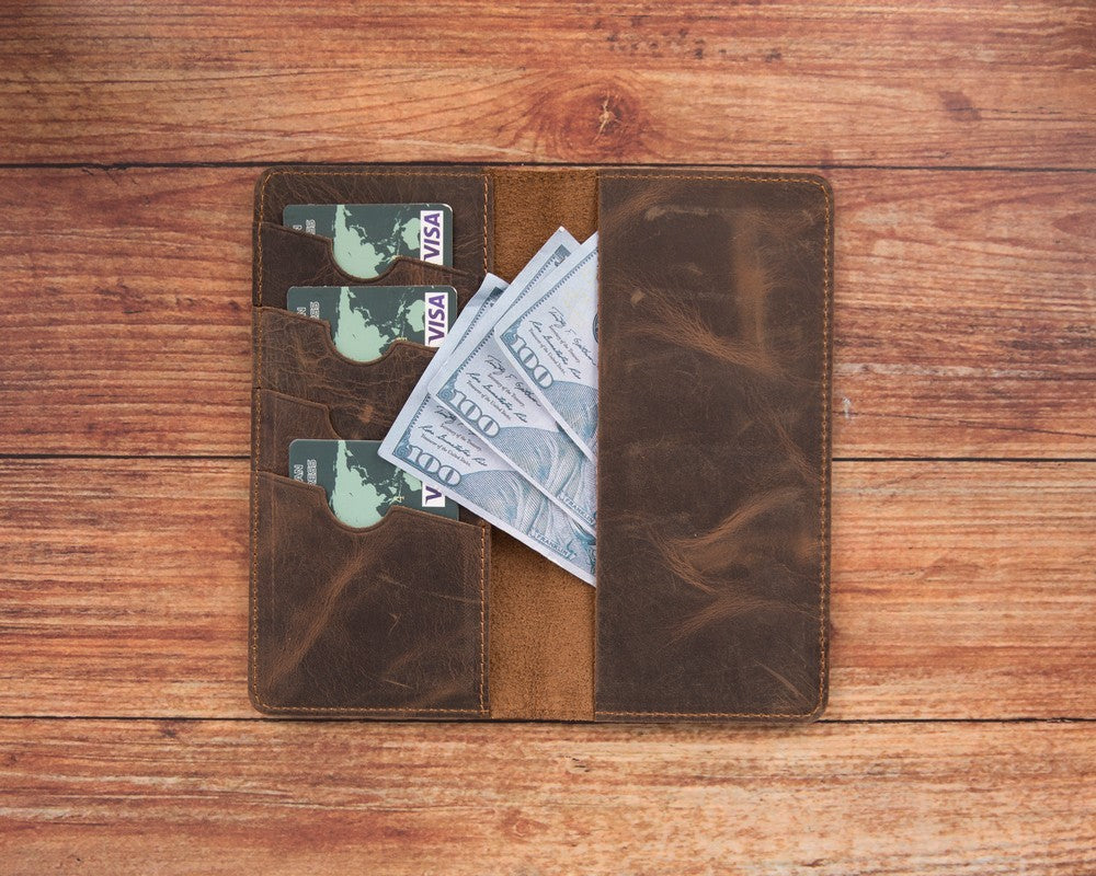 CheckBook 6.5 inch uyumlu, Hakiki Deri, El Yapımı, Kartlık Bölmeli Kılıf, G6 Kahve