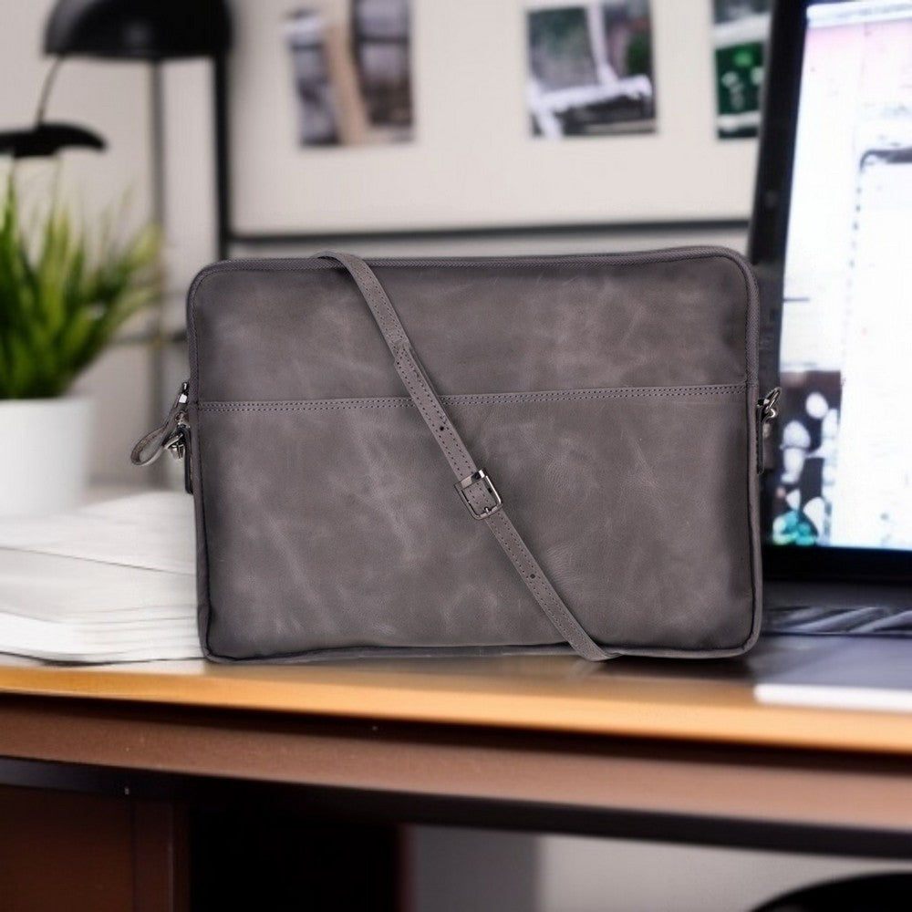 Leeds 14 inç MacBook Ve Pc Uyumlu, Hakiki Deri, El Yapımı Kılıf, Gölgeli Gri