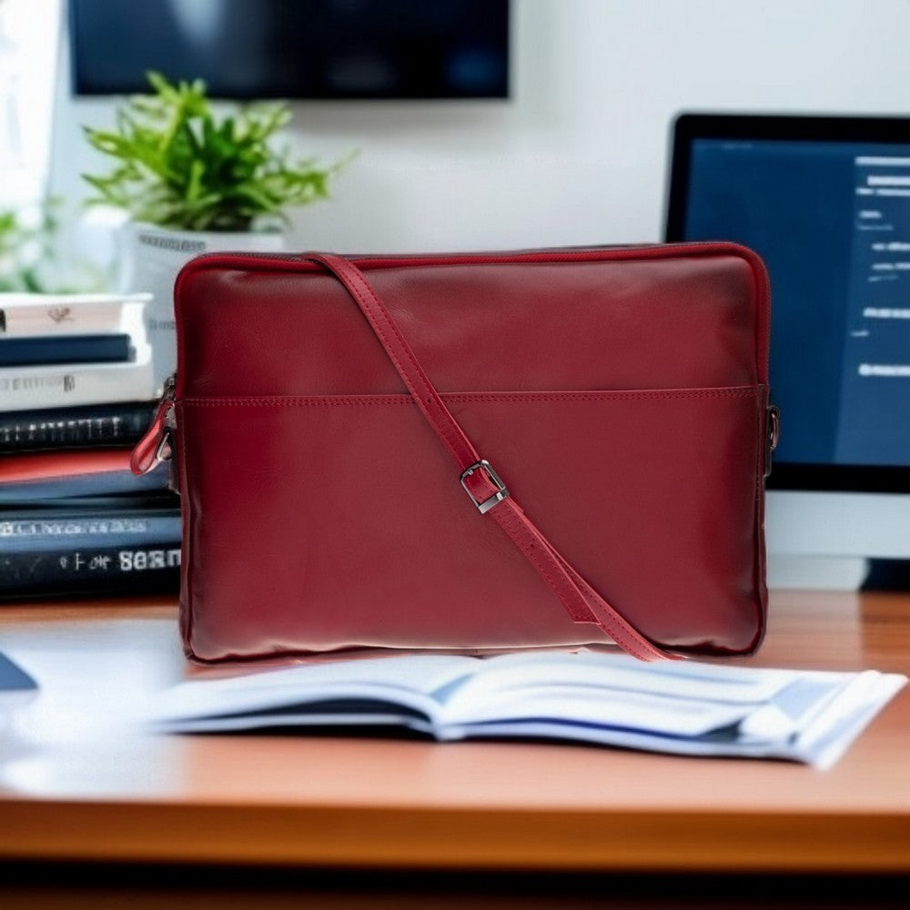 Leeds 16 inç MacBook Ve Pc Uyumlu, Hakiki Deri, El Yapımı Kılıf, Gölgeli Kırmızı