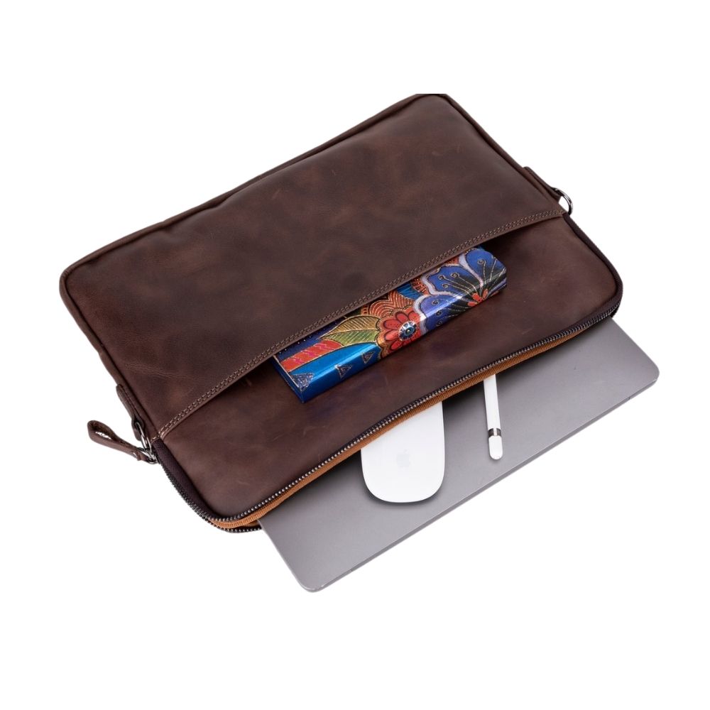Leeds 16 inç MacBook Ve Pc Uyumlu, Hakiki Deri, El Yapımı Kılıf, Antik Kahve