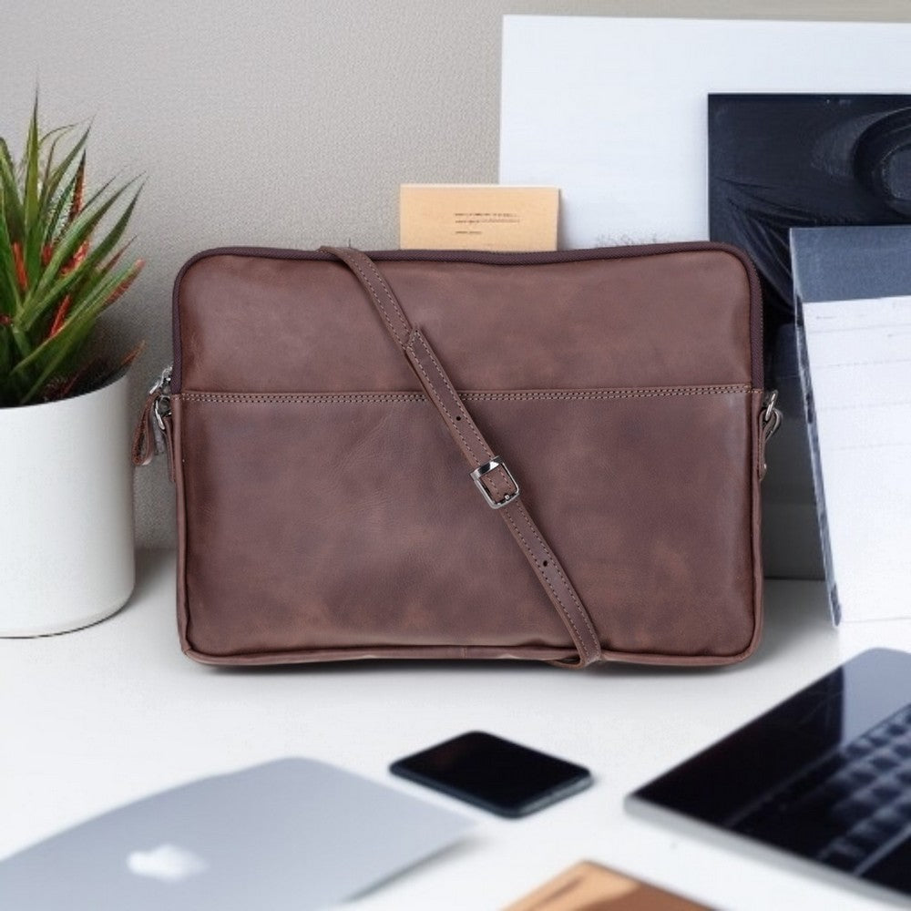 Leeds 14 inç MacBook Ve Pc Uyumlu, Hakiki Deri, El Yapımı Kılıf, Antik Kahve