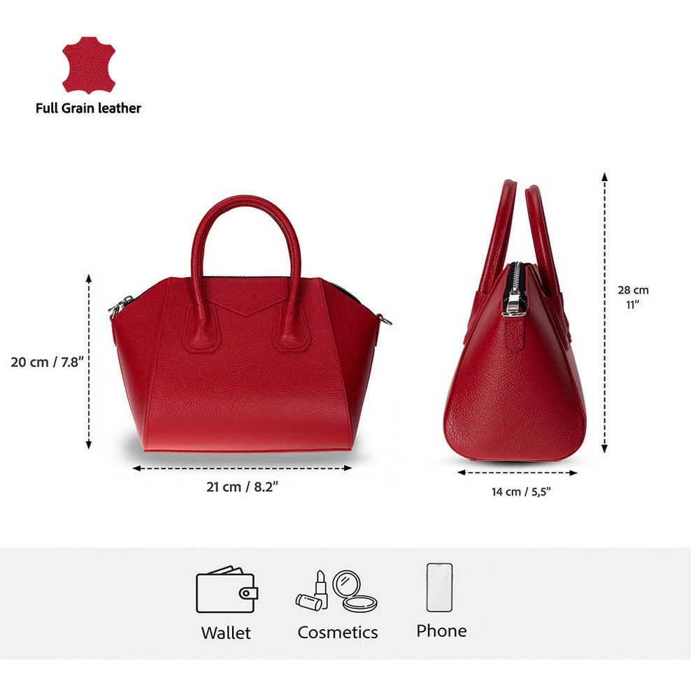 Lorenza Hakiki Deri, El Yapımı, Kadın Çantası, Kırmızı, Small