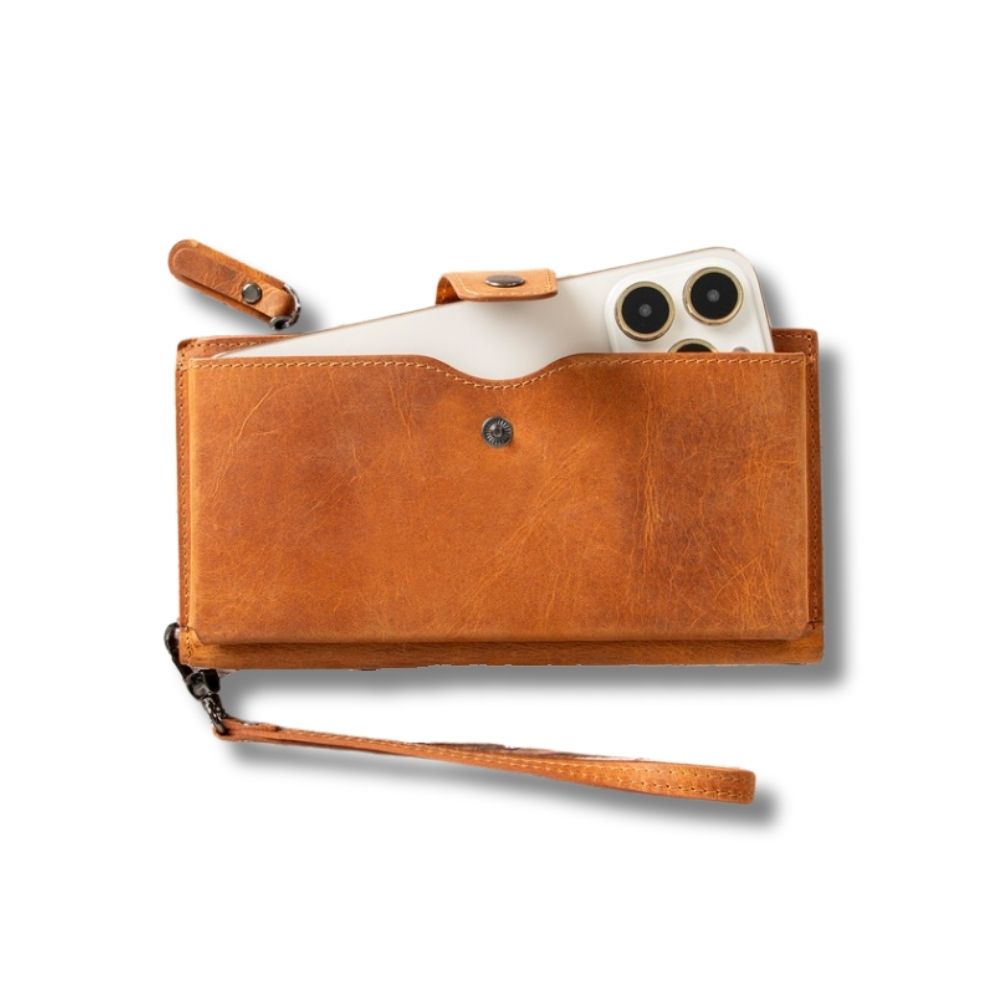 Lozan Hakiki Deri, El Yapımı, Telefon Bölmeli, Kadın Cüzdan, Karamel