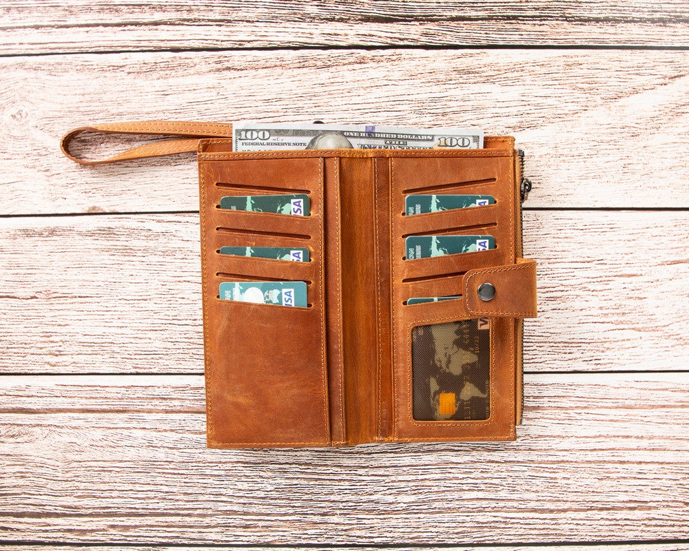 Lozan Hakiki Deri, El Yapımı, Telefon Bölmeli, Kadın Cüzdan, Karamel