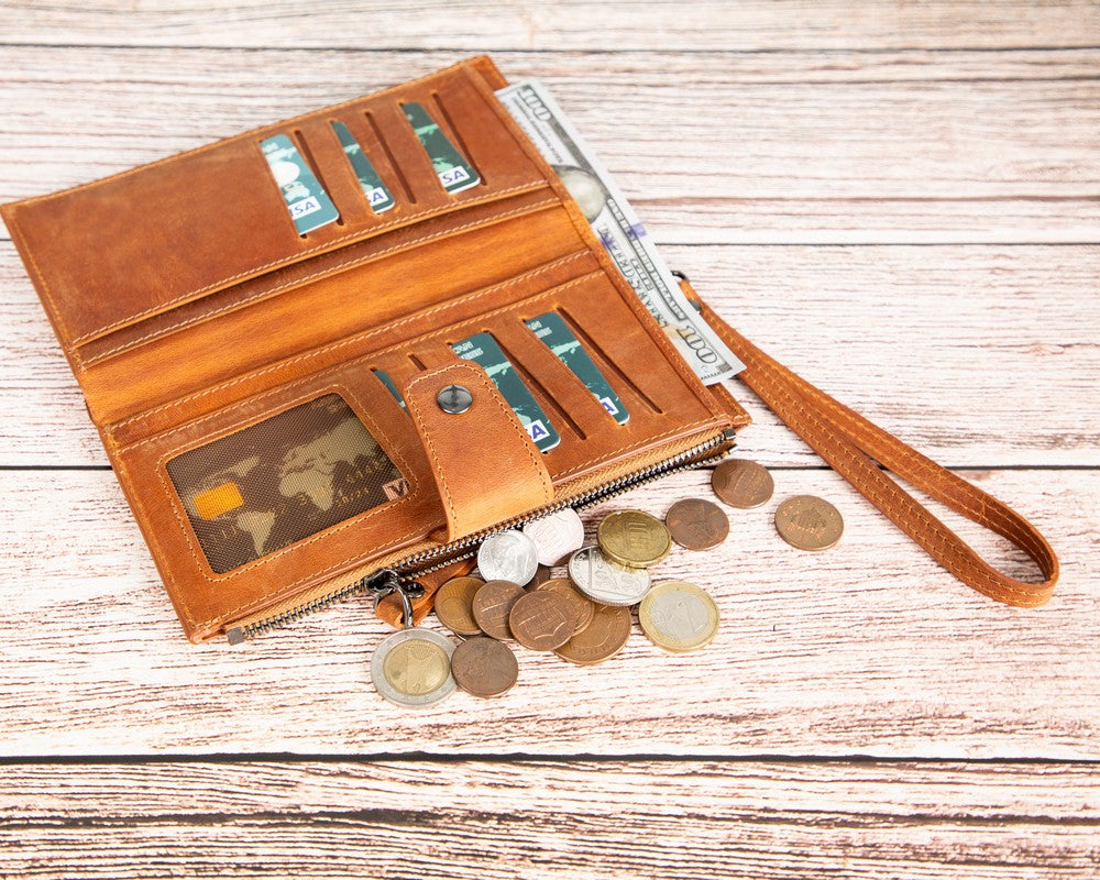 Lozan Hakiki Deri, El Yapımı, Telefon Bölmeli, Kadın Cüzdan, Karamel