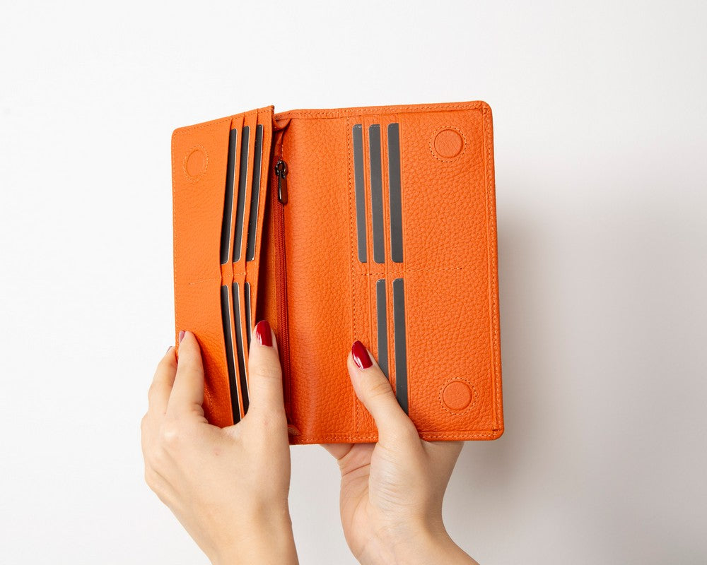Aura Hakiki Deri, El Yapımı, Telefon Bölmeli, Kadın Cüzdanı, Portakal Renk