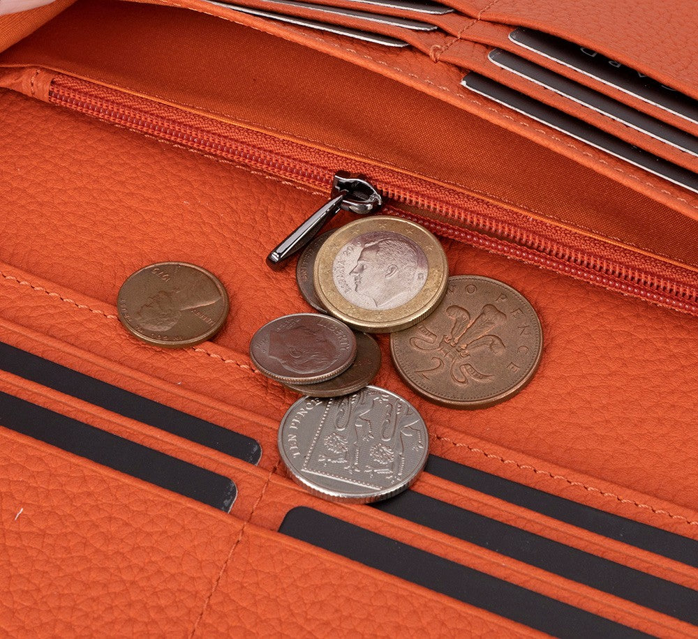 Aura Hakiki Deri, El Yapımı, Telefon Bölmeli, Kadın Cüzdanı, Portakal Renk