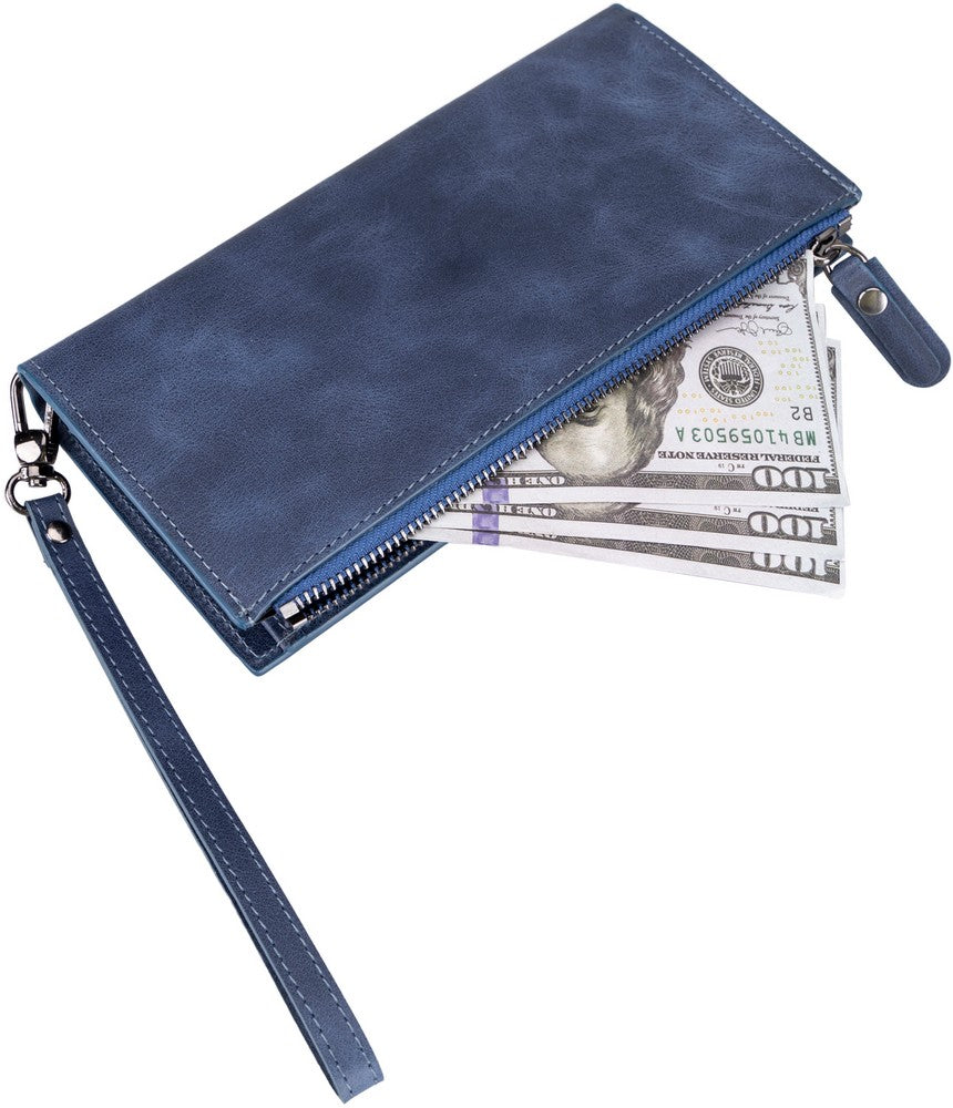 Lozan Hakiki Deri, El Yapımı, Telefon Bölmeli, Kadın Cüzdan, Antik Mavi