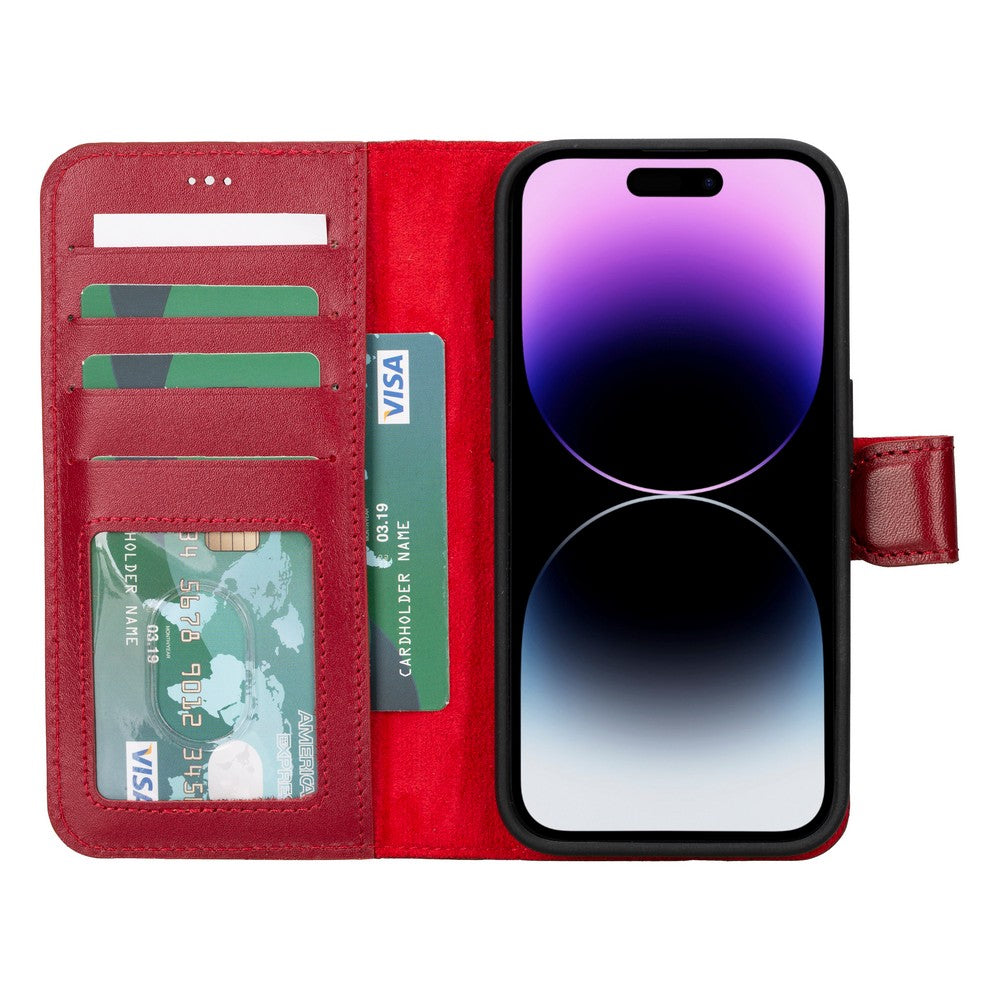 Cüzdan Taşıma Derdi Olmadan – iPhone 16 Pro Uyumlu Hakiki Deri El Yapımı Kart Yuvalı Kılıf (Gölgeli Kırmızı)