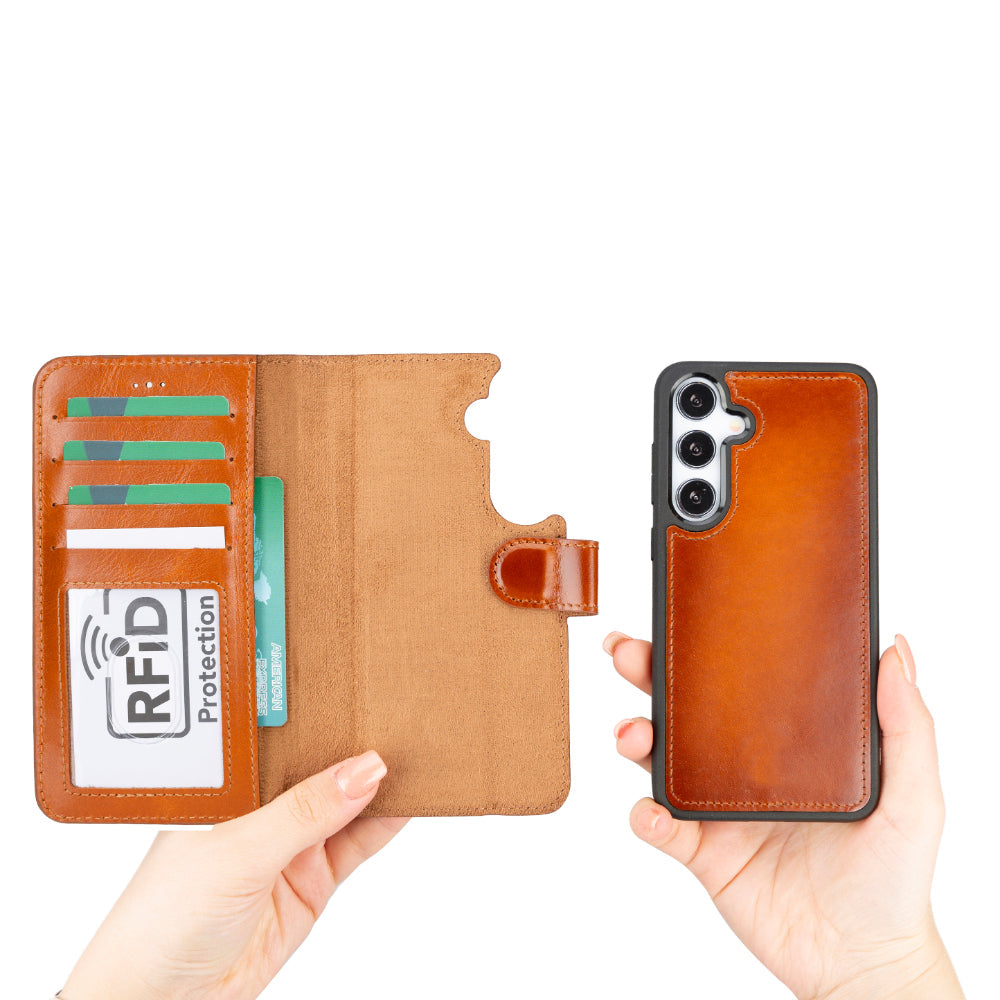 Samsung Galaxy S25 Plus uyumlu, Hakiki Deri, El Yapımı, Cüzdanlı Kılıf, Gölgeli Taba