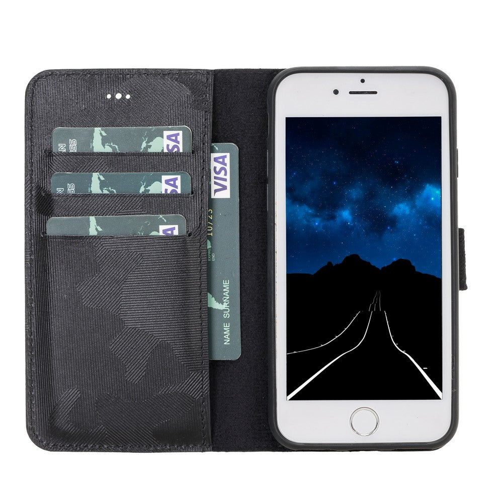 Apple iPhone 7-8-SE Uyumlu Deri Cüzdanlı Kılıf Kamuflaj Siyah