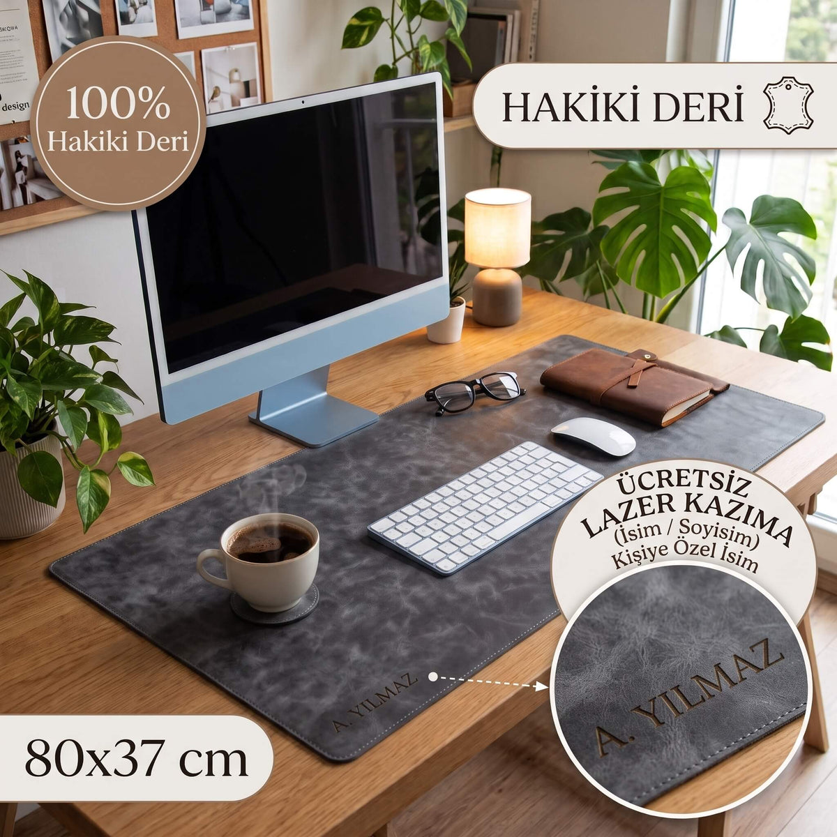 Hakiki Deri, El Yapımı Masa Matı, 80*37cm TN18EF Gri