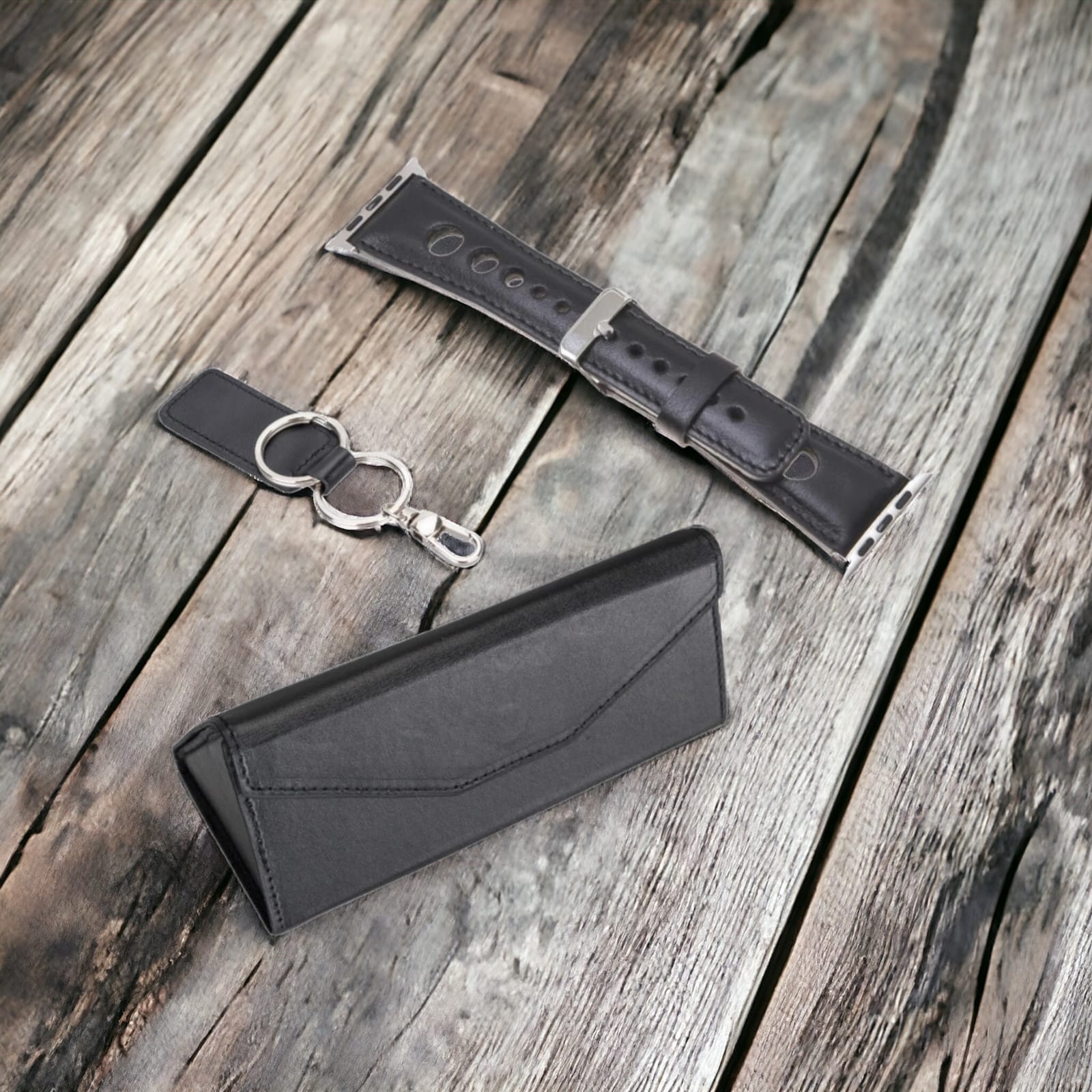 Rustik Siyah Deri Üçlü Hediye Seti