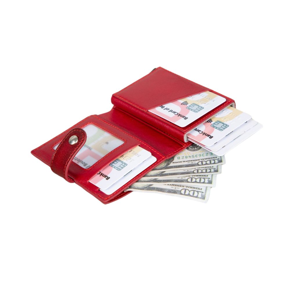 Palertag Apple AirTag Yuvalı, Hakiki Deri, El Yapımı, Pop-Up Cüzdan, Gölgeli Kırmızı