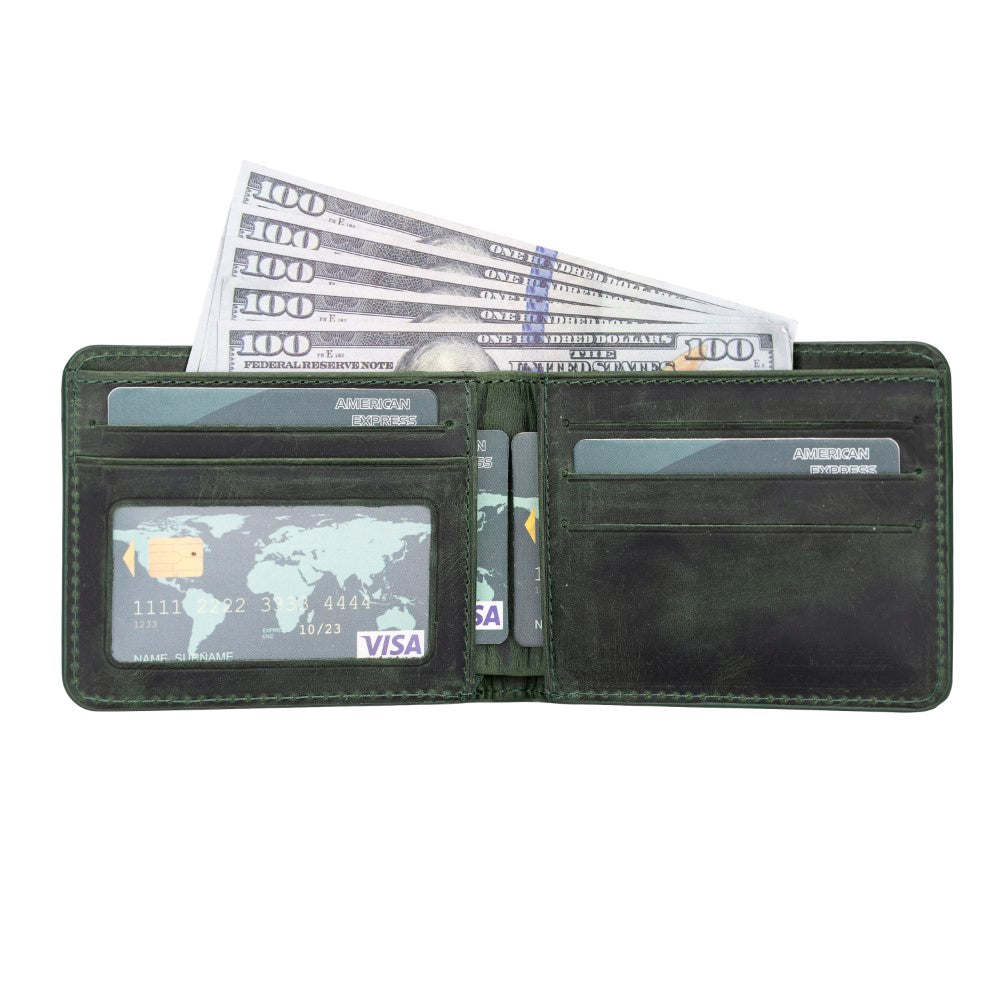 Pier Hakiki Deri, El Yapımı Erkek Cüzdan, 8 Kart Bölmesi, Rustik Yeşil
