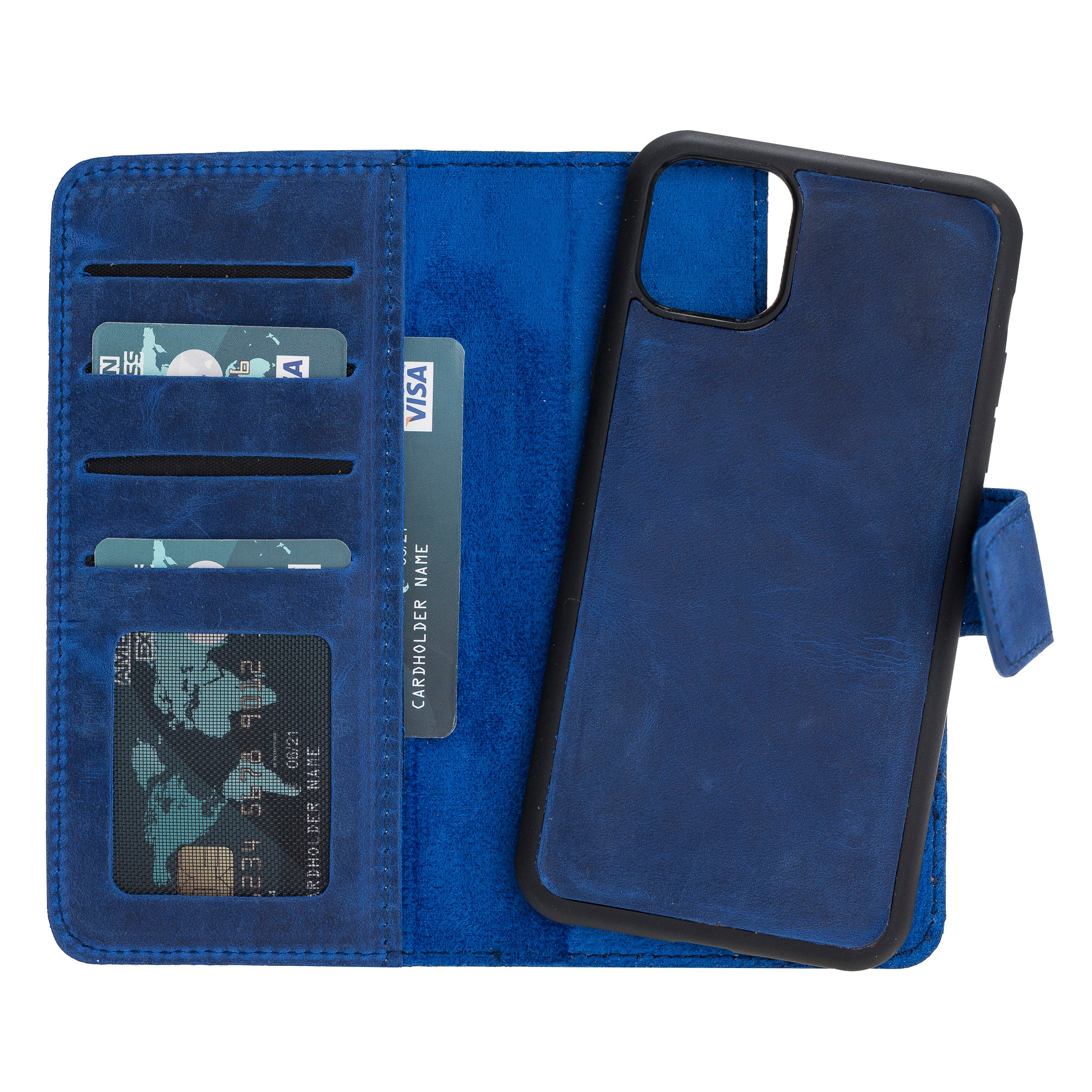 Apple iPhone 11 uyumlu, Hakiki Deri, El Yapımı, Cüzdanlı Kılıf, Mavi