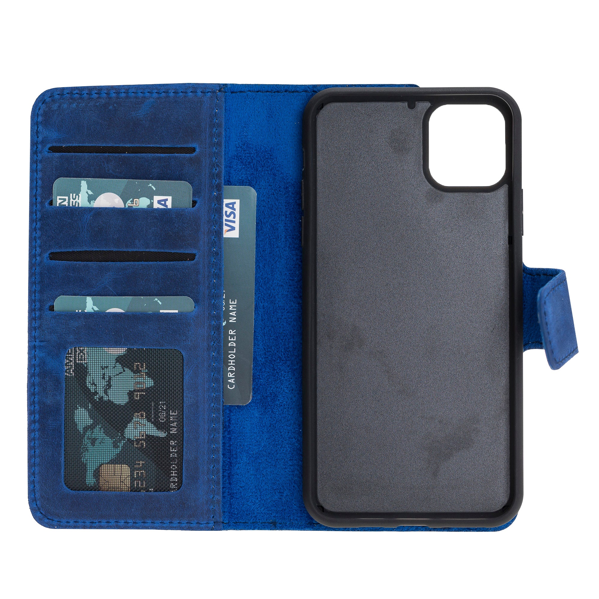 Apple iPhone 11 uyumlu, Hakiki Deri, El Yapımı, Cüzdanlı Kılıf, Mavi