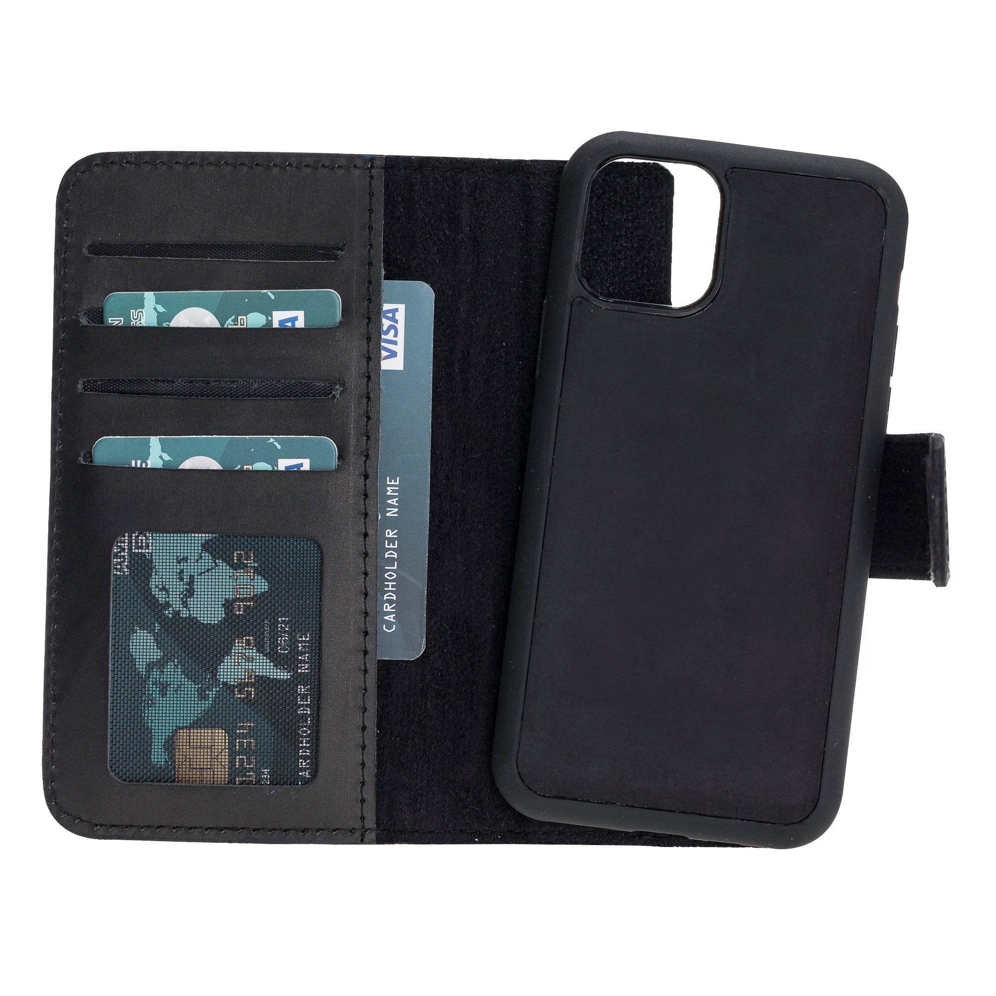 Apple iPhone 11 Pro uyumlu, Hakiki Deri, El Yapımı, Cüzdanlı Kılıf, G1 Siyah