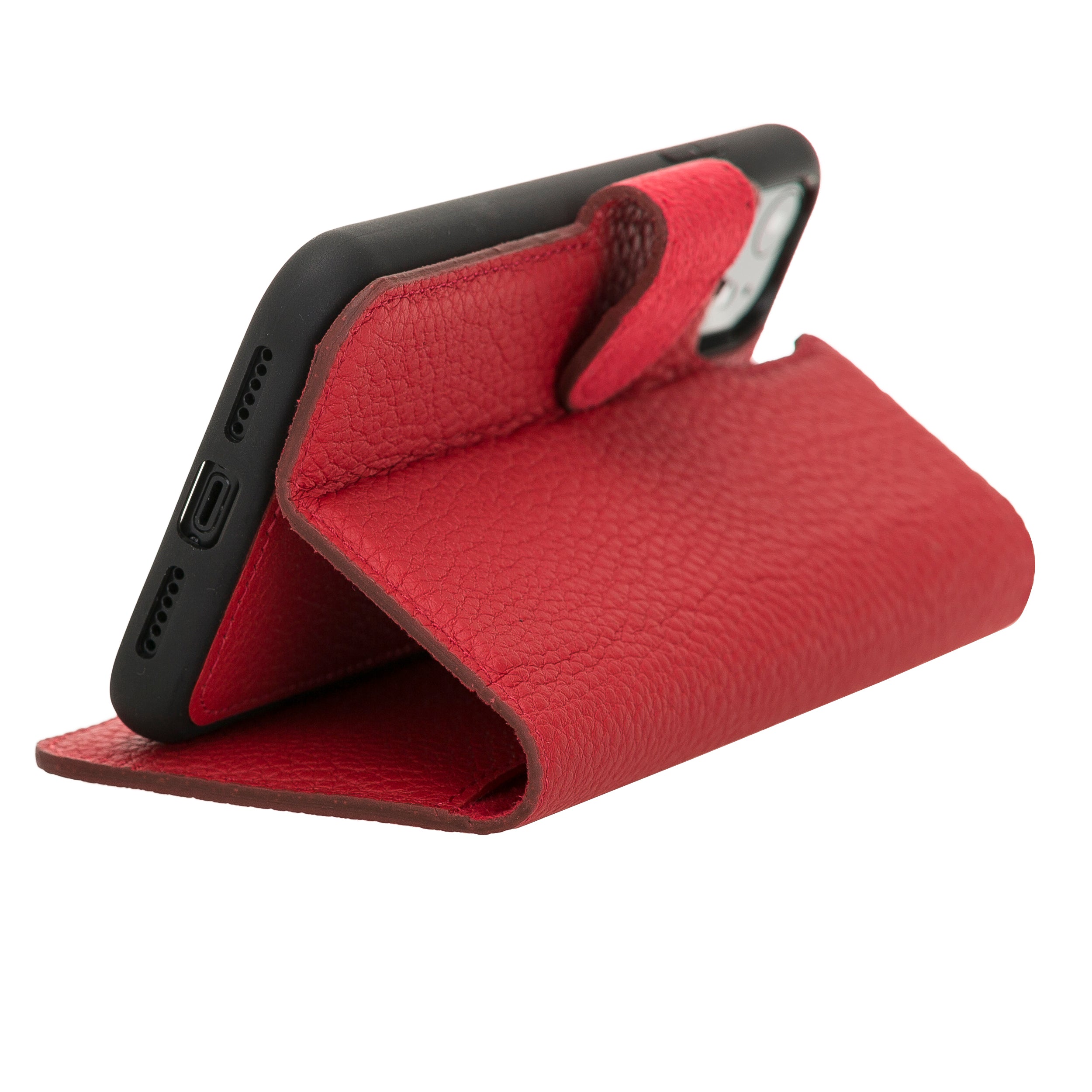 Apple iPhone 11 Pro Max uyumlu, Hakiki Deri, El Yapımı, Cüzdanlı Kılıf, ERC2 Kırmızı