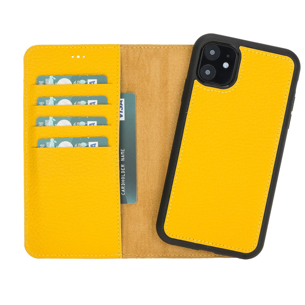 Apple iPhone 11 uyumlu, Hakiki Deri, El Yapımı, Cüzdanlı Kılıf, FL12 Sarı