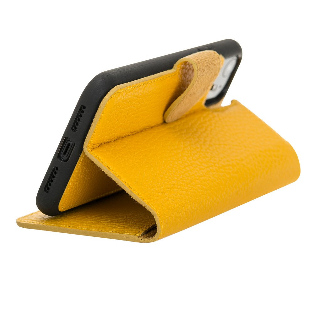 Apple iPhone 11 uyumlu, Hakiki Deri, El Yapımı, Cüzdanlı Kılıf, FL12 Sarı