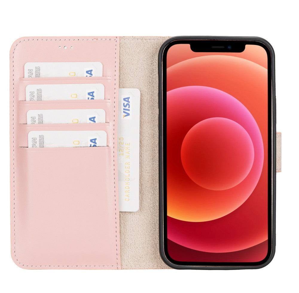 Apple iPhone 12 uyumlu, Hakiki Deri, El Yapımı, Cüzdanlı Kılıf, NU2 Pembe