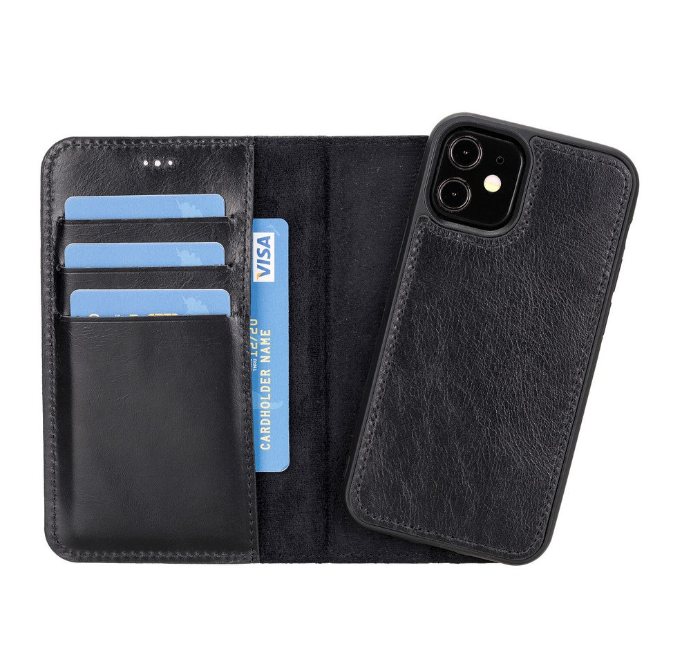 Apple iPhone 12 mini uyumlu, Hakiki Deri, El Yapımı, Cüzdanlı Kılıf, Rustik Siyah