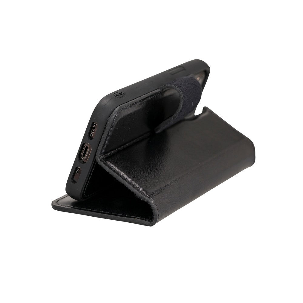 Apple iPhone 12 mini uyumlu, Hakiki Deri, El Yapımı, Cüzdanlı Kılıf, Rustik Siyah