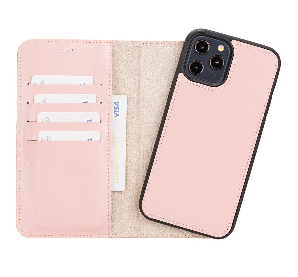 Apple iPhone 12 Pro Max uyumlu, Hakiki Deri, El Yapımı, Cüzdanlı Kılıf, NU2 Pembe