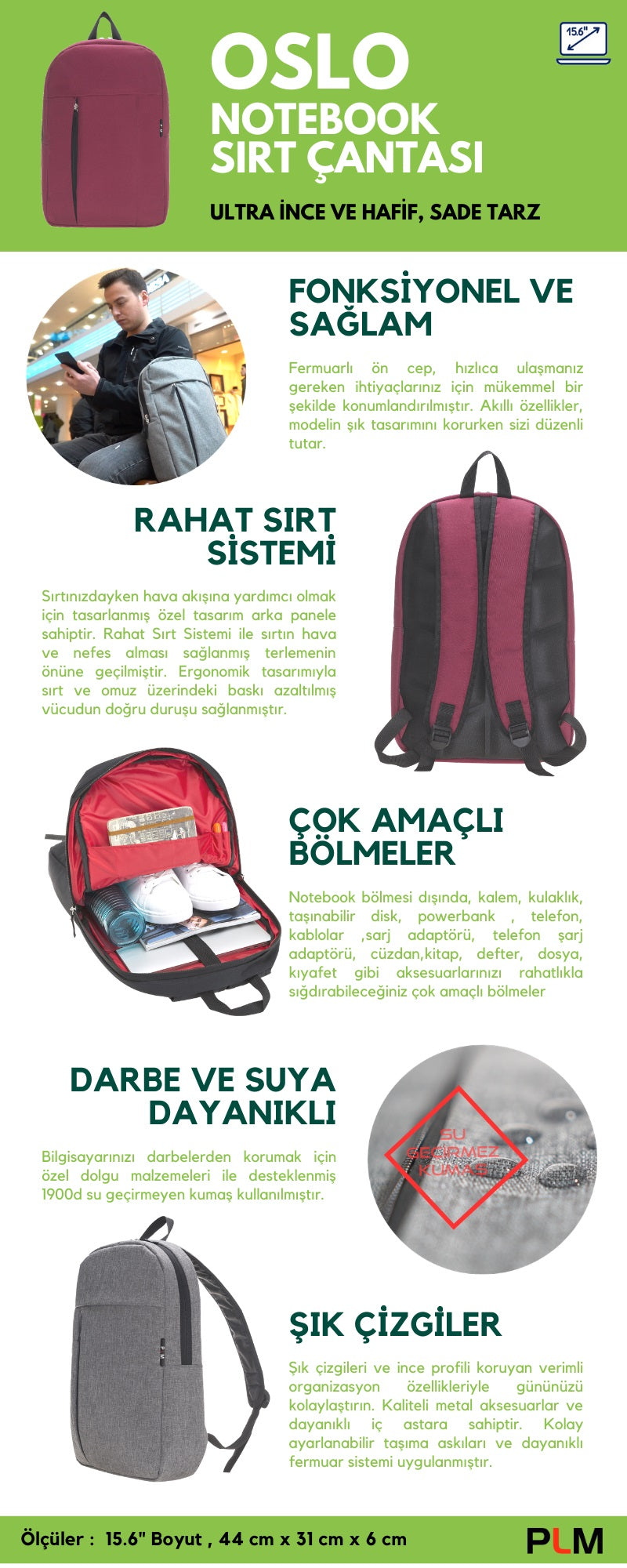 Plm Oslo 15 inç Laptop Sırt Çantası Siyah