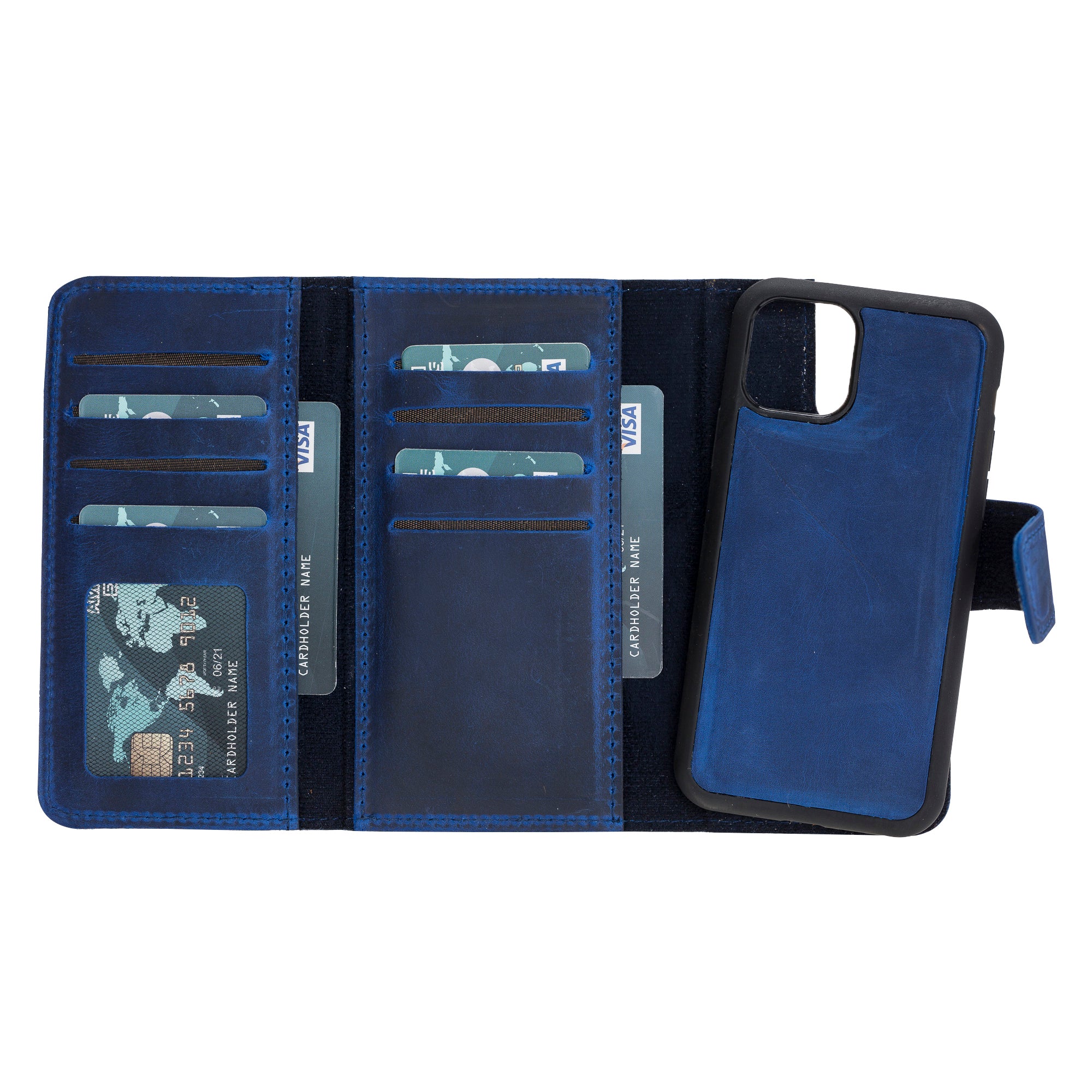 Apple iPhone 11 Pro uyumlu, Hakiki Deri, El Yapımı, Cüzdanlı Kılıf, Mavi