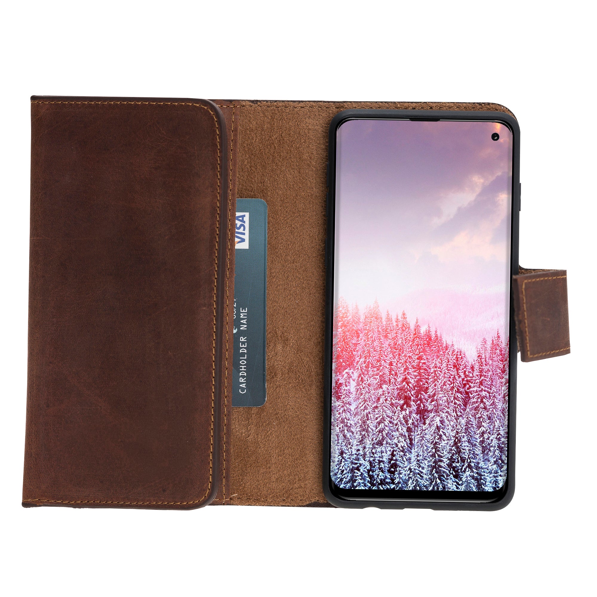 Samsung Galaxy S10 Uyumlu Deri Cüzdanlı Kılıf Santa Antik Kahve