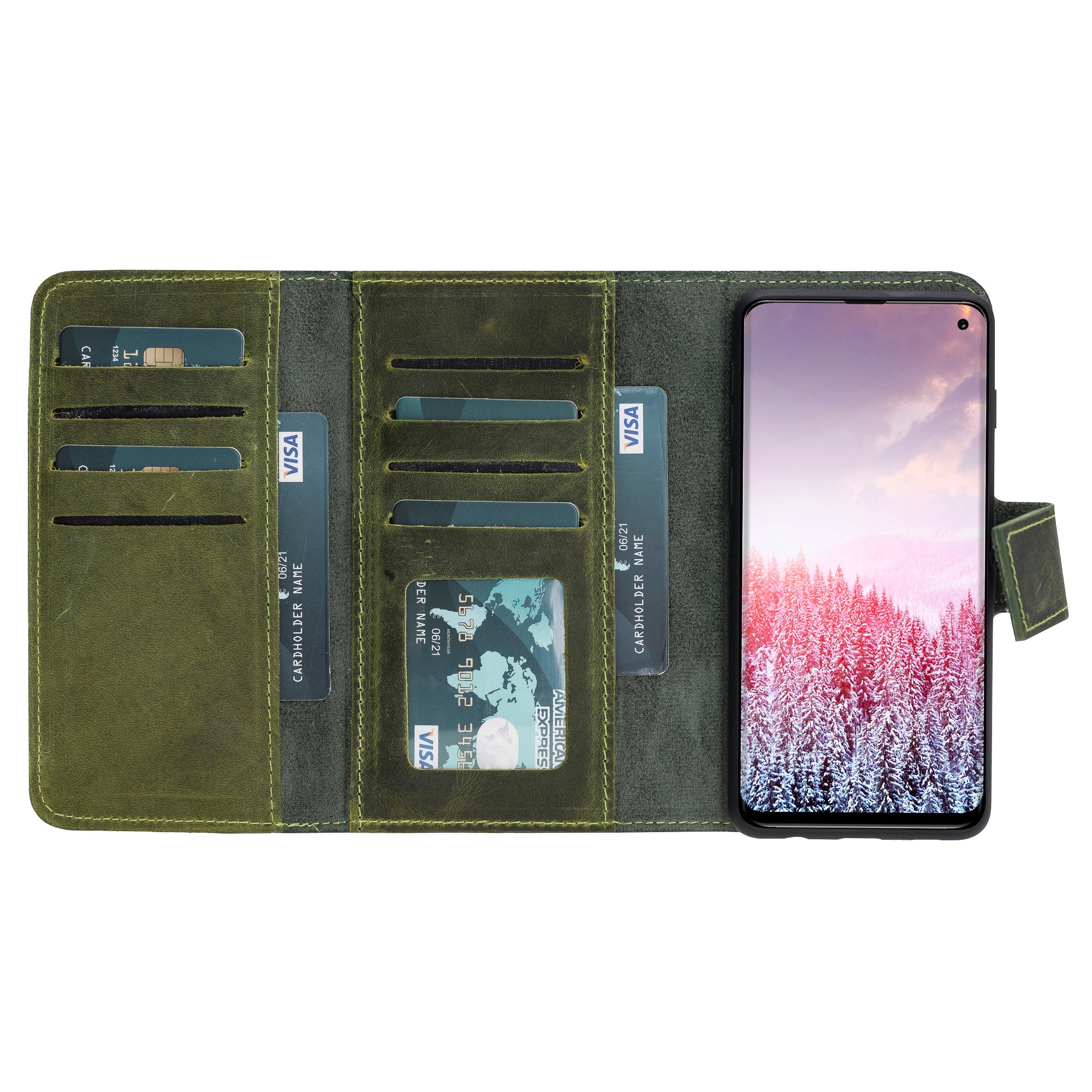 Samsung Galaxy S10 Plus Uyumlu Deri Cüzdanlı Kılıf Santa Yeşil