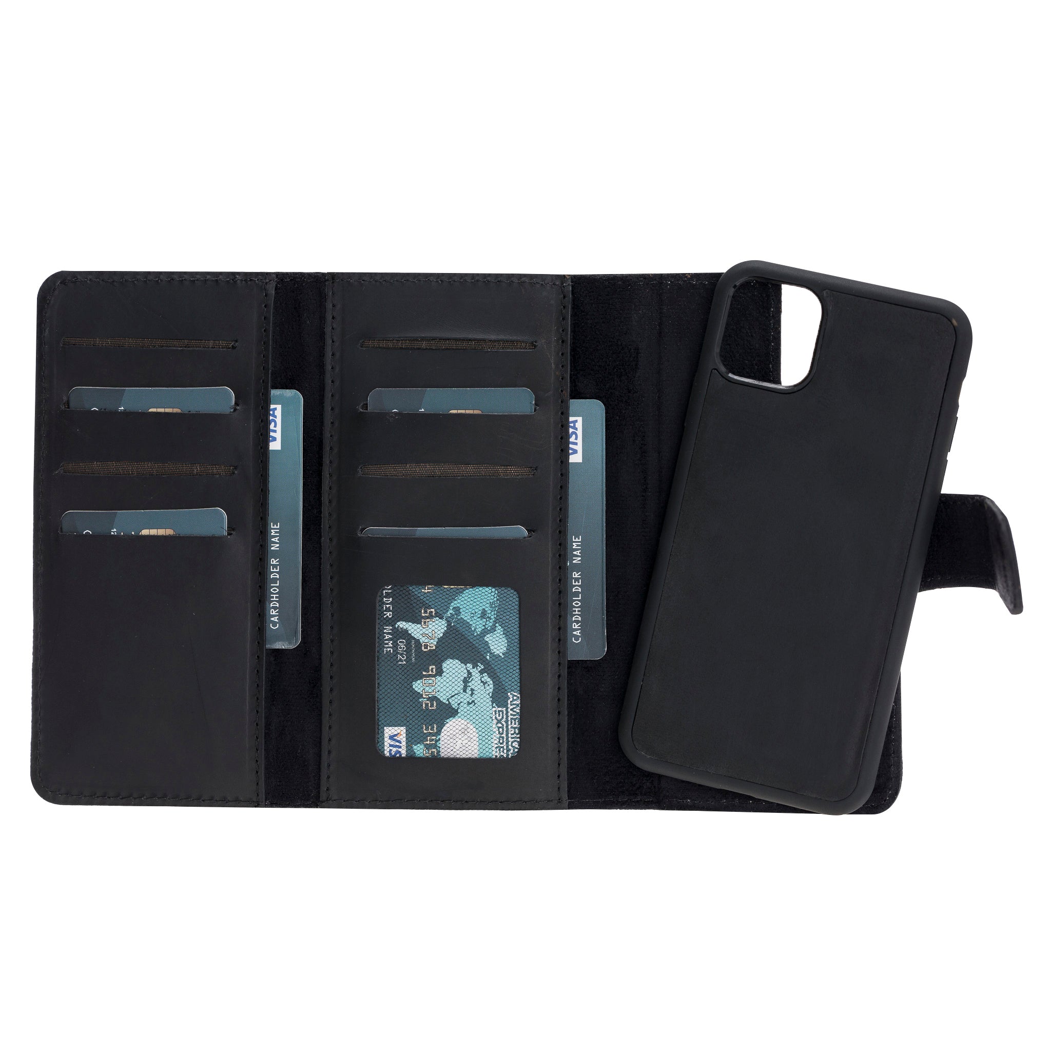 Apple iPhone 11 uyumlu, Hakiki Deri, El Yapımı, Cüzdanlı Kılıf, G1 Siyah