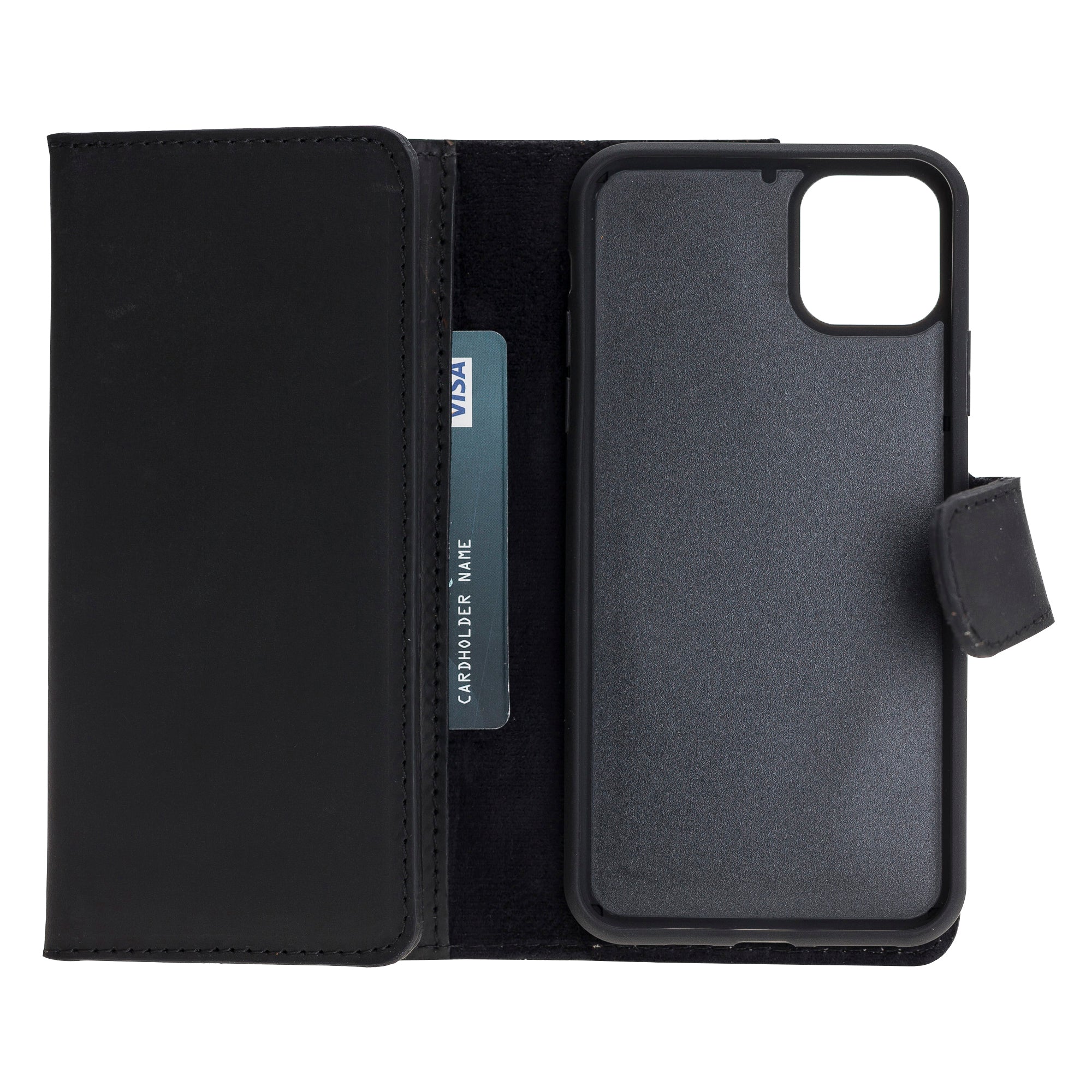 Apple iPhone 11 uyumlu, Hakiki Deri, El Yapımı, Cüzdanlı Kılıf, G1 Siyah