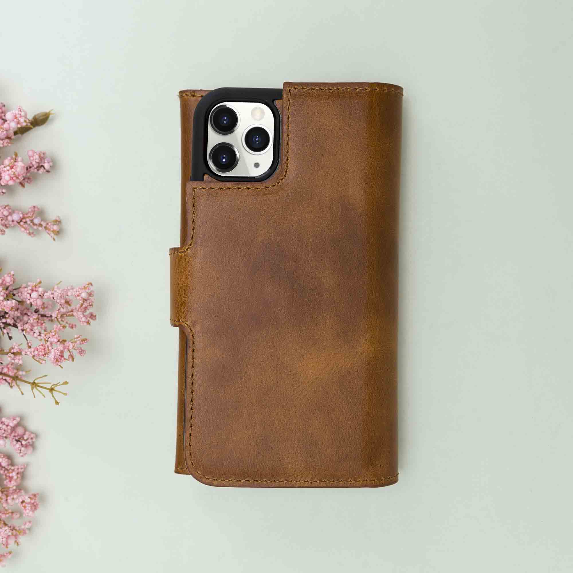 Apple iPhone 11 Pro uyumlu, Hakiki Deri, El Yapımı, Cüzdanlı Kılıf, Taba