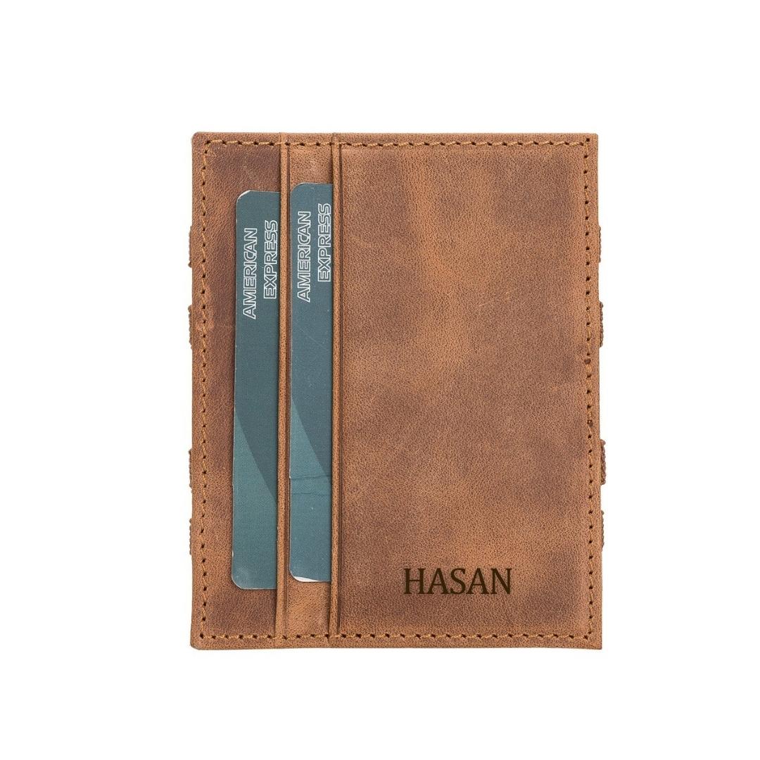 Yule Hakiki Deri, El Yapımı Kartlık, 4 Kart Kapasiteli, Antik Kahverengi