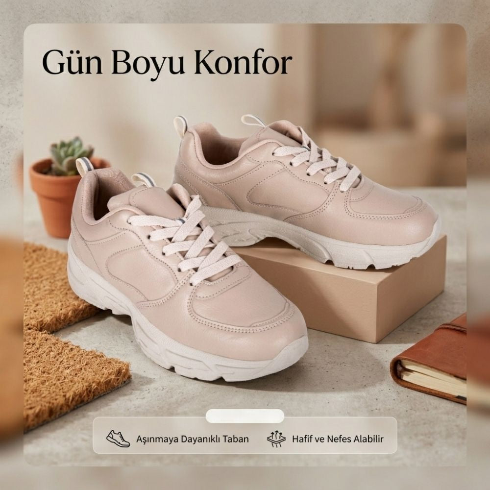 Kadın Sneaker Günlük Spor Ayakkabı – Ultra Hafif Rahat Tabanlı Casual Yürüyüş Ayakkabısı Bej