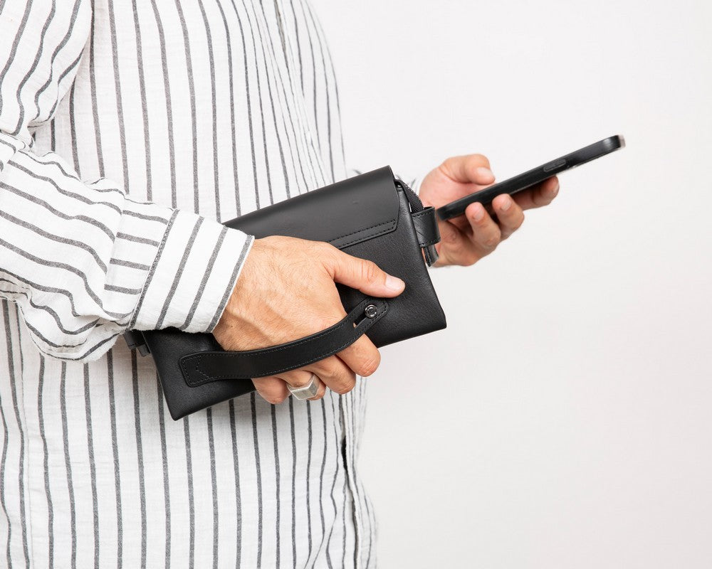 Prestige Hakiki Deri, El Yapımı, Telefon Bölmeli, Erkek El Çantası, Kömür Siyah