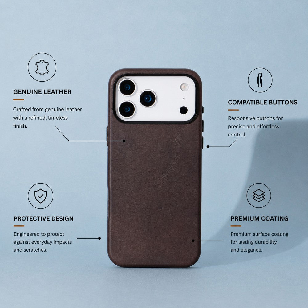 Prestige iPhone 17 Pro Full Grain Hakiki Deri Kılıf, MagSafe Uyumlu, Premium Koruma, El Yapımı